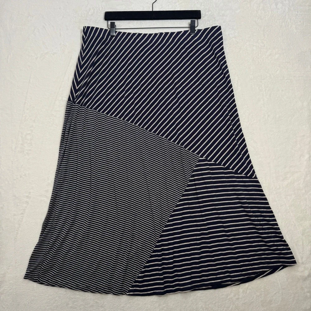Coldwater Creek Maxi Skirt Womens XL Navy Blue Striped A-Line Viscose Stretch